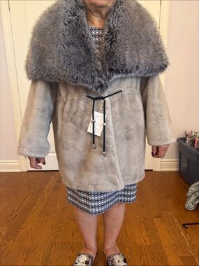 Gray Fur Coat with Oversized Collar